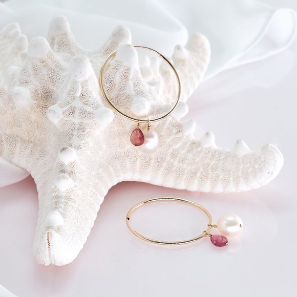 Pearl & Pink Tourmaline Hoop Earrings, 14K Gold Filled Thin Endless Hoops - Picture 9 of 11